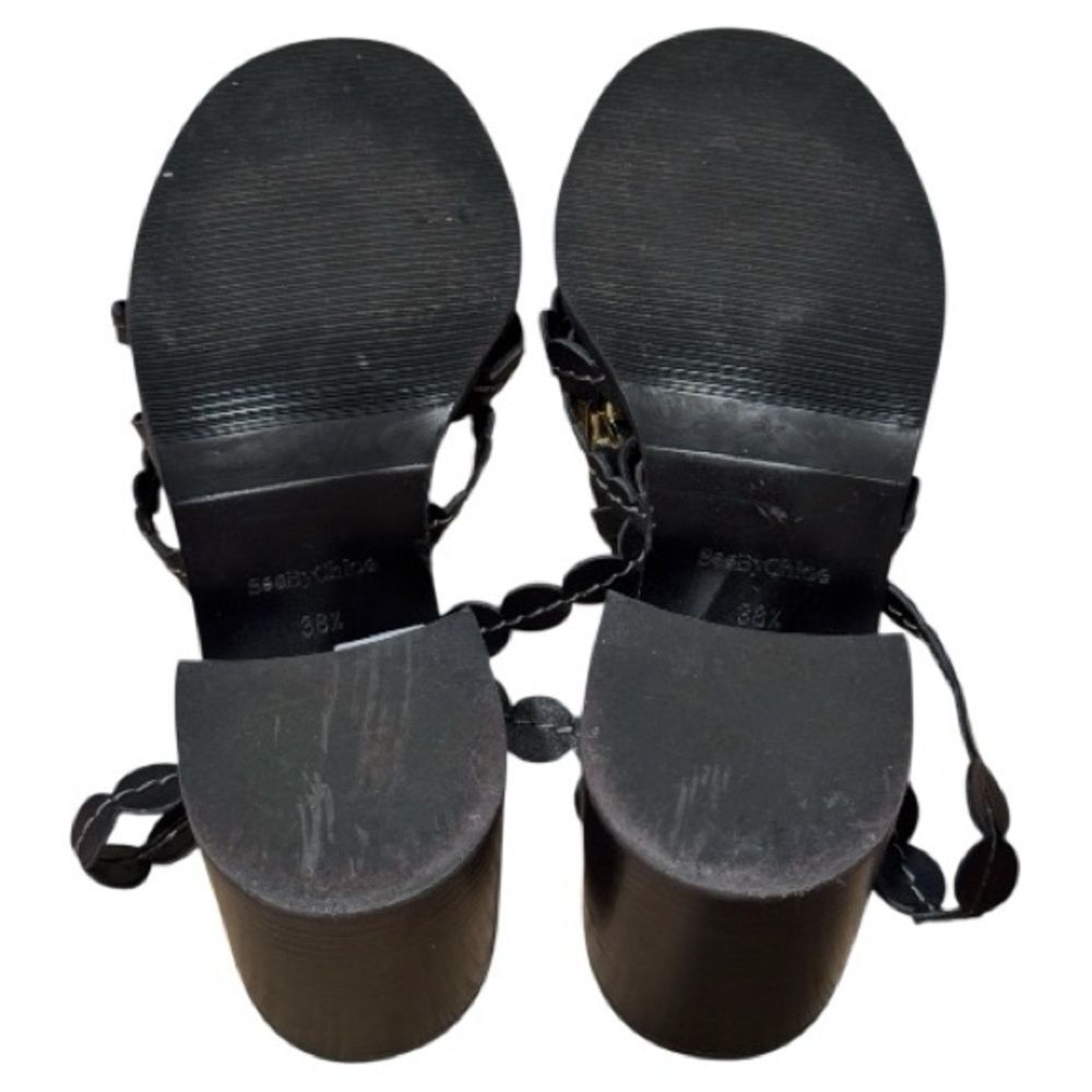 See by Chloe Black Kaddy Scallop Leather Block-Heel Sandals Sz 38.5 or US 8.5 - Picture 7 of 11